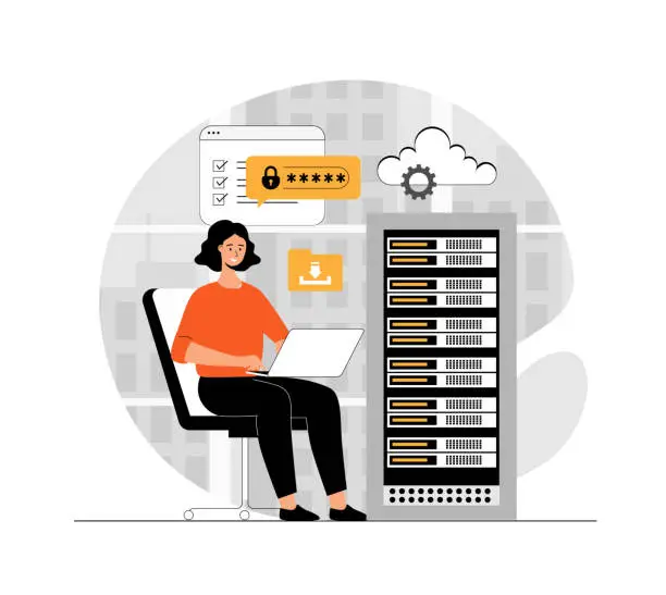 Vector illustration of Cloud computing, storage concept. Wireless secure connection, storage and processing, personal data protection. Illustration with people scene in flat design for website and mobile development.