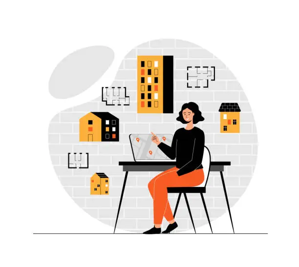 Vector illustration of Real estate online. Woman searching house or apartments, considering location and selecting at webpage. Illustration with people scene in flat design for website and mobile development.