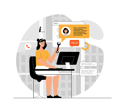 Technical support or customer service. Hotline consultant helps a customer providing them with valuable information. Illustration with people scene in flat design for website and mobile development.