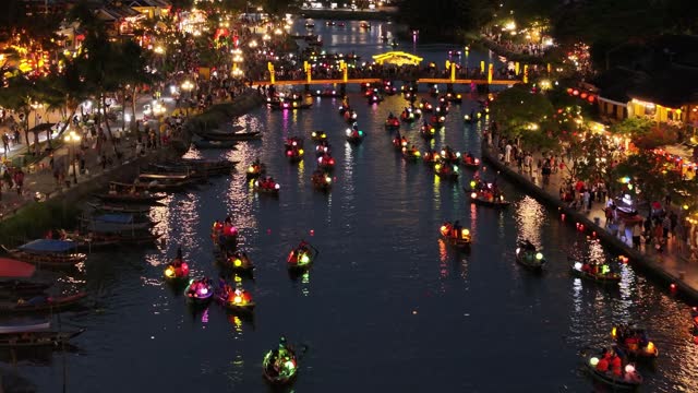 Drone view Lantern festival in ancient town Hoi An at night, Quang Nam province, Vietnam.
