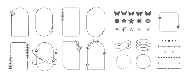 Modern minimalist aesthetic line geometric frames with natural forms set. Y2K floral elements and butterflies.