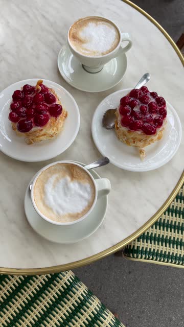 Cherry almond pastries and cappuccinos on a marble table at a cafe