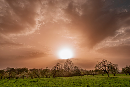 Rising or setting sun with a milky cloudy sky colored orange to reddish by Sahara dust with clouds over agricultural land and trees