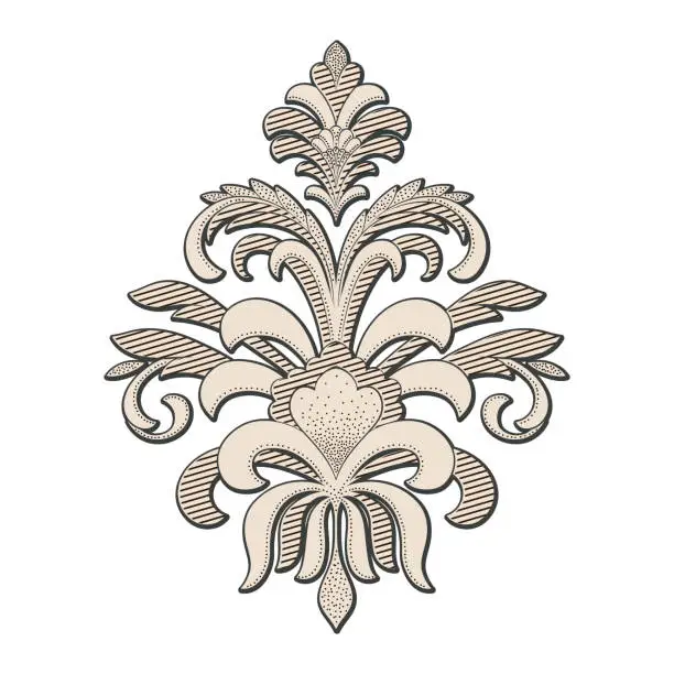 Vector illustration of Damask central element isolated. Vector damask illustration.