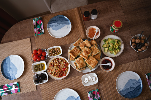 Traditional Turkish (vegan) breakfast table prepared on a table