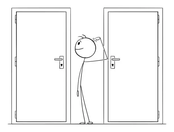 Vector illustration of Person Choosing Right Door, Vector Cartoon Stick Figure Illustration
