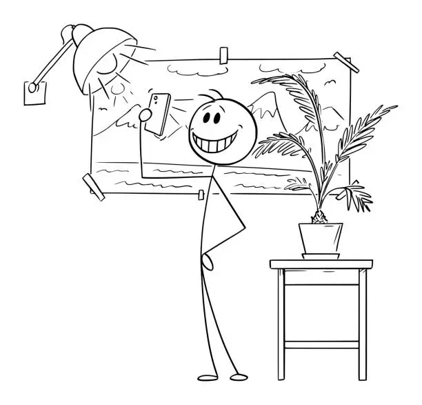 Vector illustration of Person Taking Fake Holiday Selfie, Vector Cartoon Stick Figure Illustration