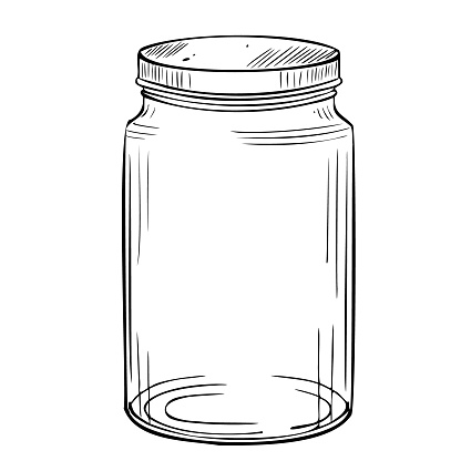 Glass Jar vector illustration. Etching of transparent Bottle with cork painted by black inks in line art style. Drawing of empty container on isolated background. Sketch of vintage kitchen utensils.