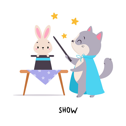 Funny Grey Cat Show Magician Trick with Bunny and Hat as English Verb for Educational Activity Vector Illustration. Cute Kitten Pet and Vocabulary Learning