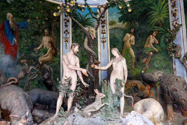 Varallo Sesia, Italy - 19 Aug 2022: representation of the original sin in the via crucis of the Sacro Monte