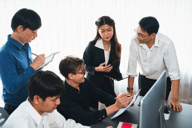 istock Group of diverse office worker employee working together. Prudent 2148141799