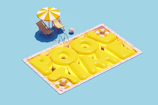 Swimming pool with Pool Time inflatable text, floating on the water. Pool party poster with beach chair, umbrella and ball. Summer vacation concept. 3d illustration, rendering. Aerial view.
