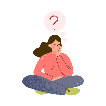 Sitting Woman Character Make Choice Choosing and Thinking Vector Illustration. Young Female Choise Taking Decision