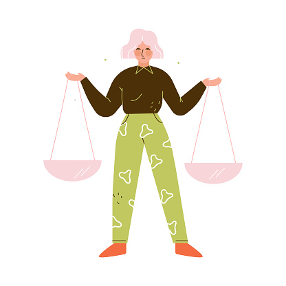 Woman Character Stand with Scales Make Choice Choosing Between Two Options Vector Illustration. Young Female Choise Taking Decision
