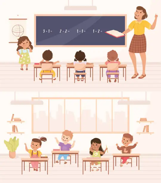 Vector illustration of Classroom with Little Children Pupils Sitting at Desk Have Lesson Vector Set