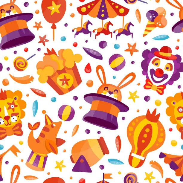 Vector illustration of Circus Show Seamless Pattern with Fairground Amusement Object Vector Template