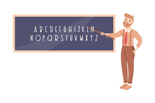 Bearded Man School Teacher or Educator Stand at Chalkboard with Pointer Explain Alphabet Vector Illustration. Young Male Teaching and Training Conducting Lesson Concept