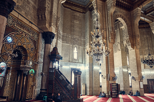 Interior of Abu al-Abbas al-Mursi Mosque in Alexandria, Egypt, March 2023