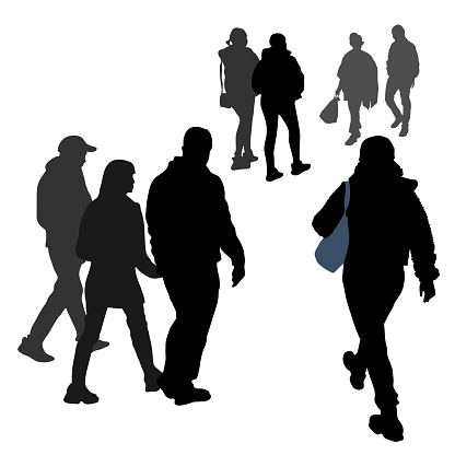 Vector silhouettes of walking people, men and women going in different directions.