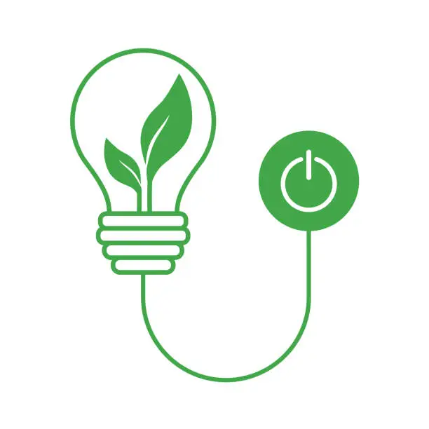 Vector illustration of Turn off the light for energy saving. Save energy concept. Lightbulb with green leaves inside and hutdown symbol