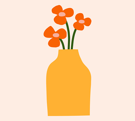 Vector trendy floral flat illustration. Cutout style flowers vase. Botanical cute simple clipart