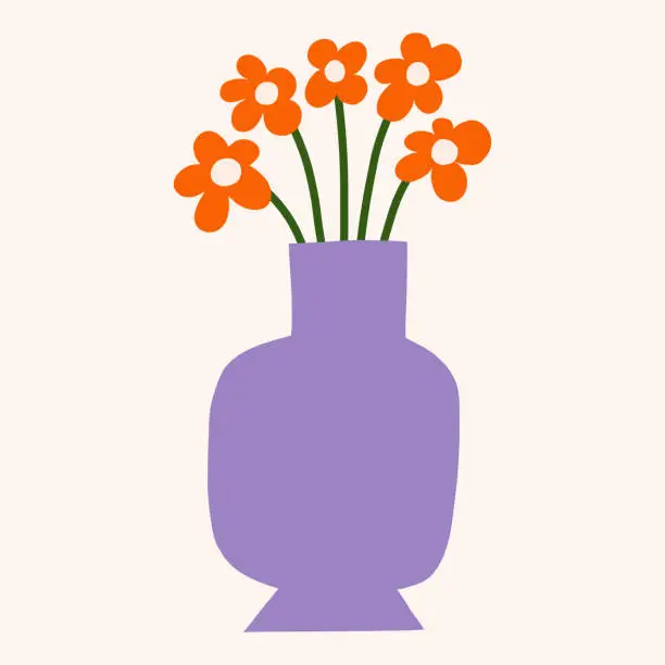 Vector illustration of Bright flowers bouquet in vase vector clipart. Trendy paper cut floral illustration. Flat botanical elements