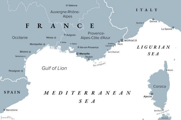 illustrazioni stock, clip art, cartoni animati e icone di tendenza di costa meridionale della francia sul mar mediterraneo, mappa politica grigia - ajaccio