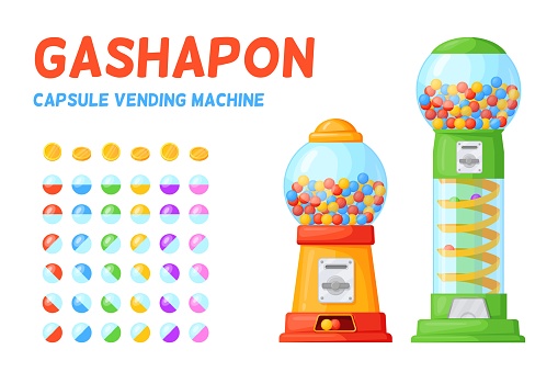 Gachapon capsule machines with bubblegum toy plastic container, vending machine dispense chewing bubble gum caramel ball rare candy sweets lucky coin vector illustration of bubblegum candy gachapon