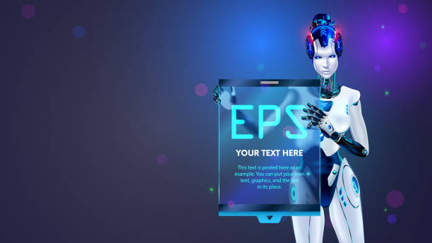 istock AI or artificial intelligence in the form of a humanoid female robot holds an empty poster or screen template in its hands. Vector. AI bot presents business report. Robot Speaker presentation about AI 2148144898