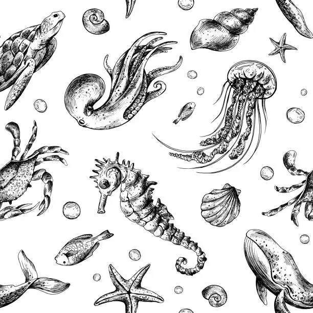 Vector illustration of Underwater world clipart with sea animals whale, turtle, octopus, seahorse, starfish, shells, coral and algae. Graphic illustration hand drawn in black ink. Seamless pattern EPS vector.