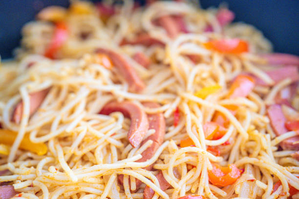 Closeup bowl of spicy spaghetti