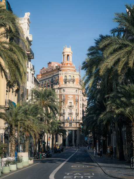 Beautiful vintage houses with palm trees in the square in Barcelona, Spain. Travel