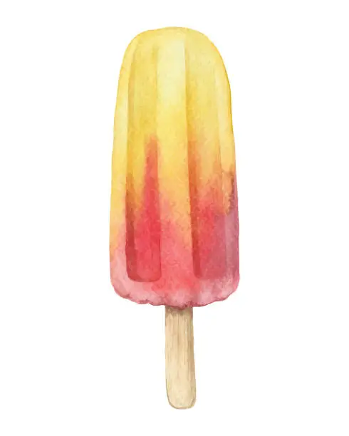 Vector illustration of Popsicle Fruit Ice Cream watercolor hand painted vector illustration. Yellow and red colorful dessert.