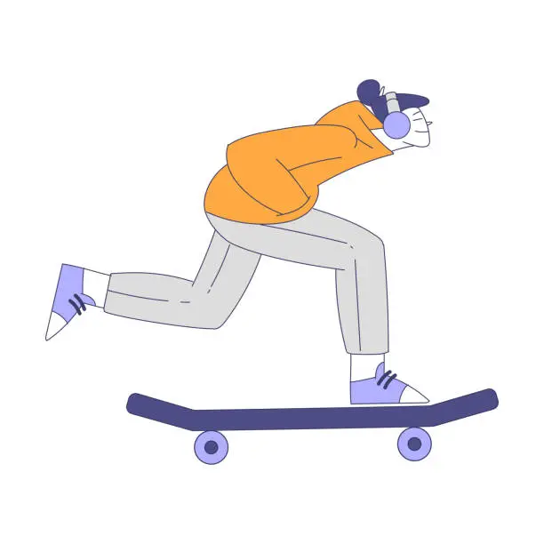 Vector illustration of Young Woman Riding Skateboard in Headphones Kicking the Ground Vector Illustration