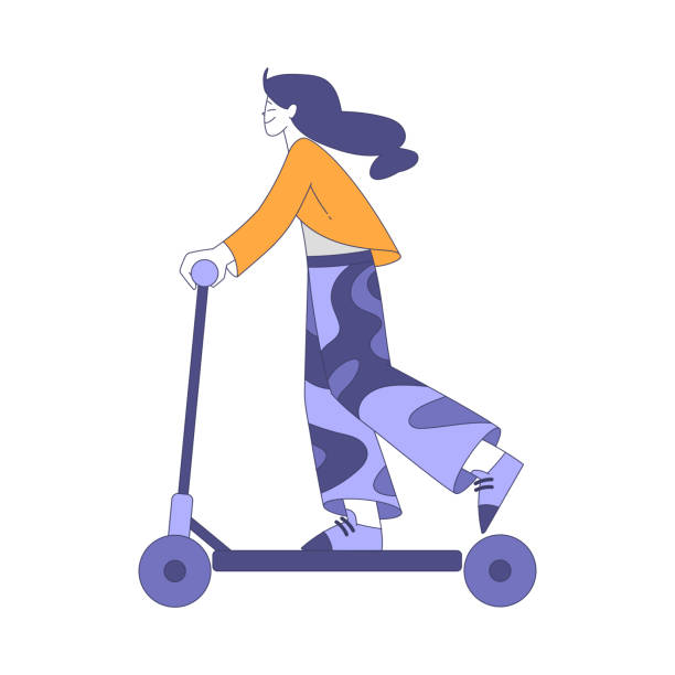 istock Young Woman Riding Scooter Along the Street Vector Illustration 2148146487