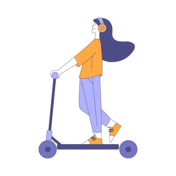 Vector illustration of Young Woman Riding Scooter in Headphones Kicking the Ground Vector Illustration