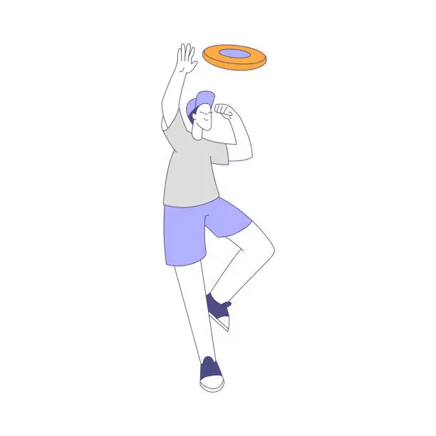 Vector illustration of Happy Man Character Playing Frisbee Throwing or Catching Flying Disc Vector Illustration