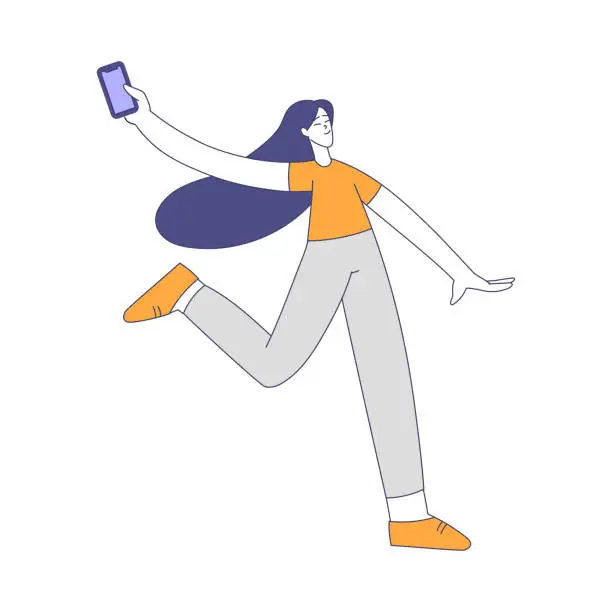 Vector illustration of Woman Character Running with Smartphone Enjoying Outdoor Walk in the Park Vector Illustration