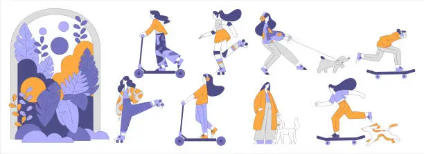 Vector illustration of Young Woman Doing Different Activity Walking and Spending Weekend Vector Set