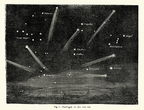 Leonids meteor shower, Shooting Star, vintage astronomy chart, 1883,  19th Century