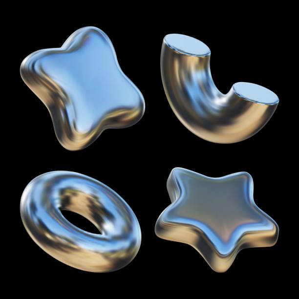 istock 3D chrome geometric shapes. Futuristic chrome liquid shapes of semicircular pipe, star, donut, quadrangle with gradient reflection. 3D vector art in Y2K style. 2148146753