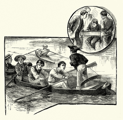Public school Boys learning to row a boat, Vintage illustration, Victorian 19th Century, The Willoughby Captains, By Talbot Baines Reed, 1880s Boy's Own Paper