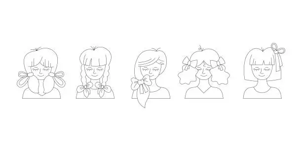 Vector illustration of Set with 5 girls with different hairstyles and hair bows. Black, white doodle vector illustration.