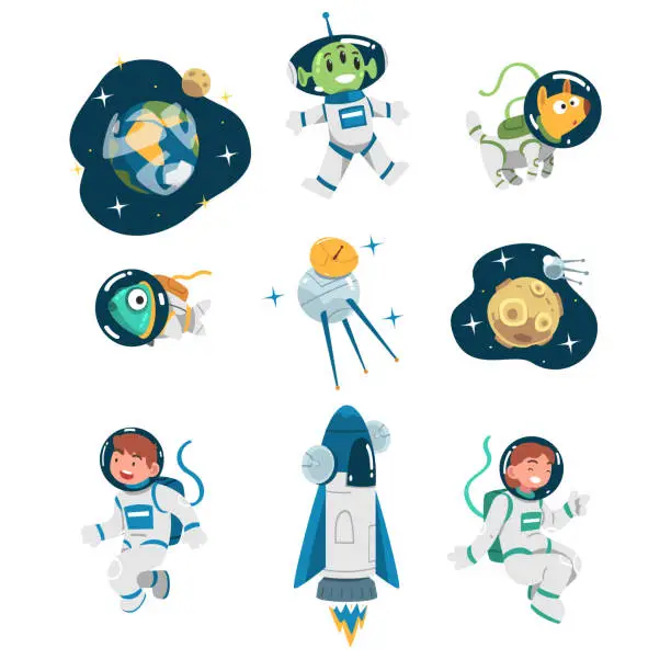 Vector illustration of Space with Astronaut Character in Spacesuit, Shuttle and Planet Vector Set