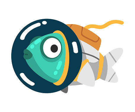 Fish Pet in Space Suit and Helmet Floating Vector Illustration. Trained and Equipped Animal Cosmonaut Conquering Galaxy and Outer Space Concept
