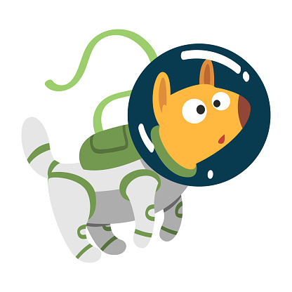Dog Pet in Space Suit and Helmet Floating Vector Illustration. Trained and Equipped Animal Cosmonaut Conquering Galaxy and Outer Space Concept