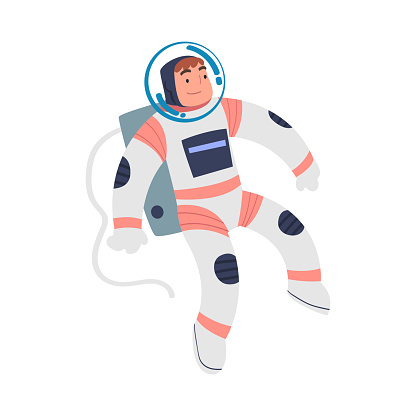Space with Man Astronaut Character in Spacesuit Floating Vector Illustration. Male Engaged in Universe and Galaxy Discovery and Exploration