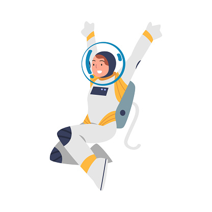 Space with Woman Astronaut Character in Spacesuit Floating Vector Illustration. Female Engaged in Universe and Galaxy Discovery and Exploration