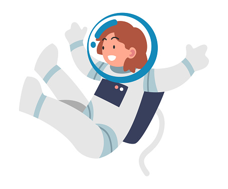 Space with Girl Astronaut Character in Spacesuit Floating Vector Illustration. Kid Engaged in Universe and Galaxy Discovery and Exploration