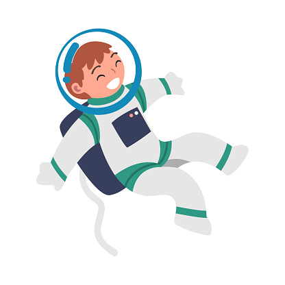Space with Boy Astronaut Character in Spacesuit Floating Vector Illustration. Kid Engaged in Universe and Galaxy Discovery and Exploration